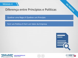 www.pmgacademy.com
Official Course
Módulo 4
Diferença entre Princípios e Políticas
Quebrar uma Regra X Quebrar um Princípio
Ferir um Política X Ferir um Valor da Empresa
 