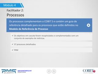www.pmgacademy.com
Official Course
Módulo 4
Facilitador 2:
Processos
Os processos complementam o COBIT 5 e contém um guia de
referência detalhado para os processos que estão definidos no
Modelo de Referência de Processo
Os objetivos em cascata foram recapitulados e complementados com um
conjunto de exemplos de métricas.
37 processos detalhados
PRM
 