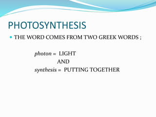 PHOTOSYNTHESIS 
 THE WORD COMES FROM TWO GREEK WORDS ; 
photon = LIGHT 
AND 
synthesis = PUTTING TOGETHER 
 