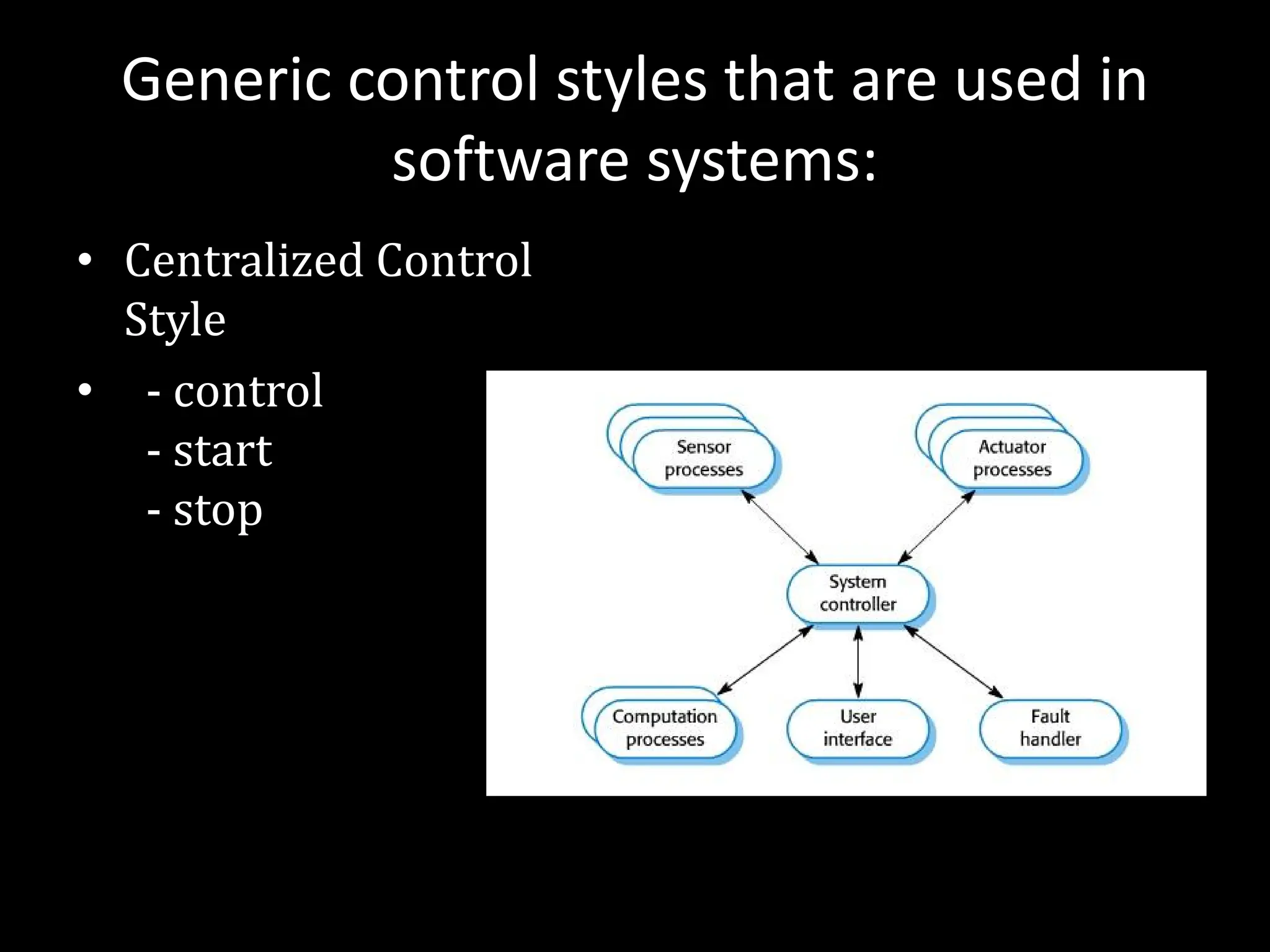 Generic control styles that are used in
software systems:
• Centralized Control
Style
• - control
- start
- stop
 