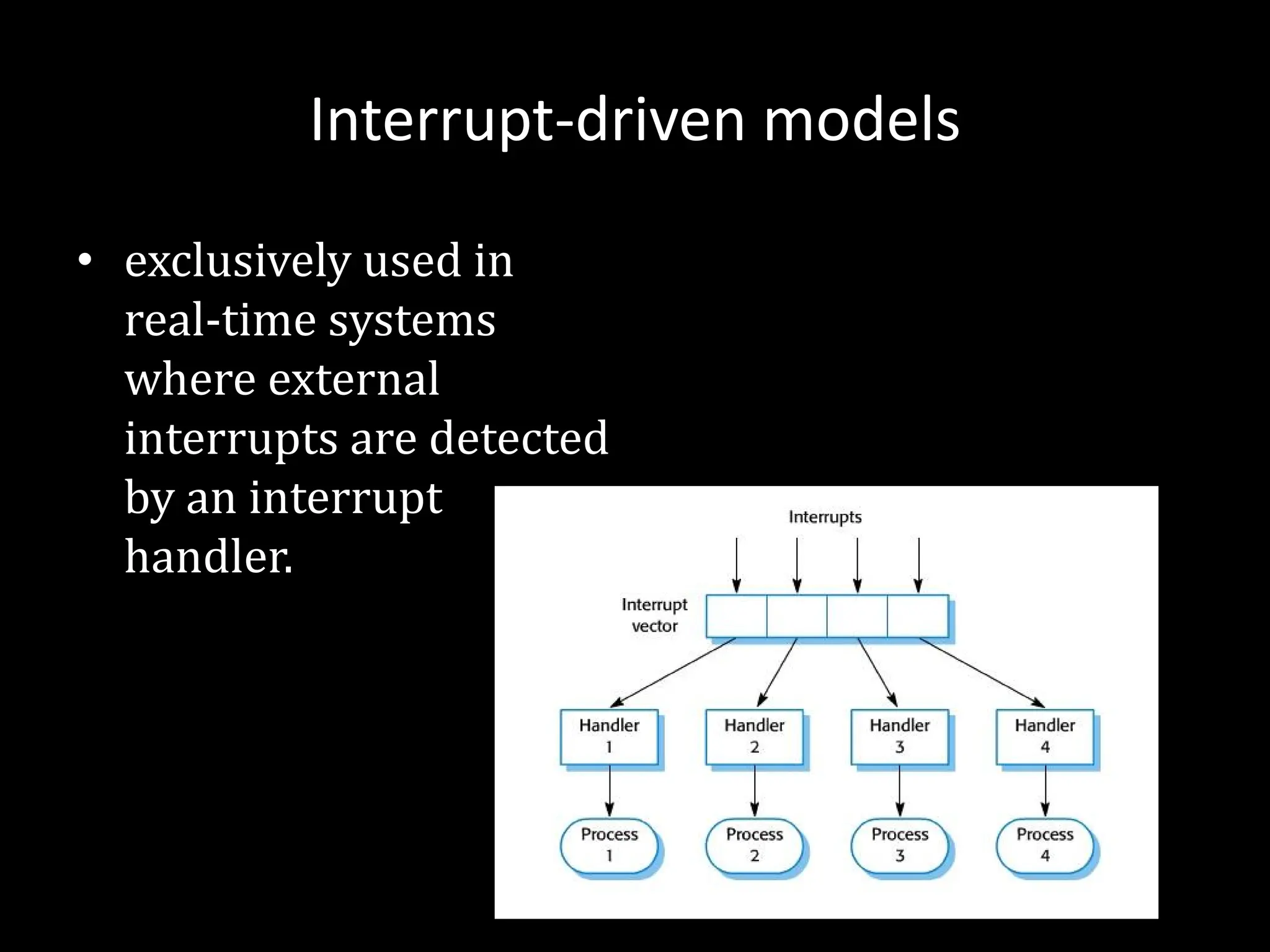 Interrupt-driven models
• exclusively used in
real-time systems
where external
interrupts are detected
by an interrupt
handler.
 
