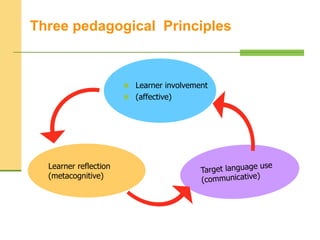 Three pedagogical Principles
 Learner involvement
 (affective)
Learner reflection
(metacognitive)
 