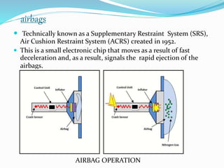 airbags
 Technically known as a Supplementary Restraint System (SRS),
Air Cushion Restraint System (ACRS) created in 1952.
 This is a small electronic chip that moves as a result of fast
deceleration and, as a result, signals the rapid ejection of the
airbags.
AIRBAG OPERATION
 