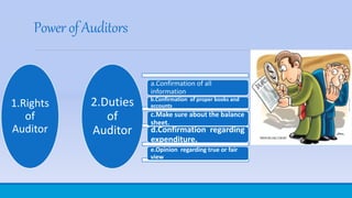Power of Auditors
1.Rights
of
Auditor
2.Duties
of
Auditor
a.Confirmation of all
information
b.Confirmation of proper books and
accounts
c.Make sure about the balance
sheet.
d.Confirmation regarding
expenditure.
e.Opinion regarding true or fair
view
 