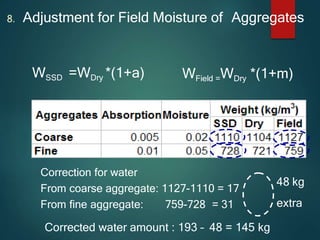 8. Adjustment for Field Moisture of Aggregates
WSSD =WDry *(1+a) WField =WDry *(1+m)
48 kg
extra
Correction for water
From coarse aggregate: 1127-1110 = 17
From fine aggregate: 759-728 = 31
Corrected water amount : 193 – 48 = 145 kg
 