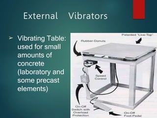 ➢ Vibrating Table:
used for small
amounts of
concrete
(laboratory and
some precast
elements)
External Vibrators
 