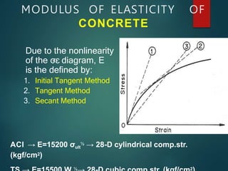MODULUS OF ELASTICITY OF
CONCRETE
Due to the nonlinearity
of the σ
-ε diagram, E
is the defined by:
1. Initial Tangent Method
2. Tangent Method
3. Secant Method
ACI → E=15200 σult
½ → 28-D cylindrical comp.str.
(kgf/cm2)
½ 2
 