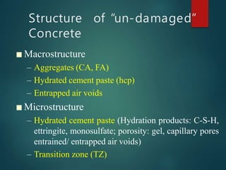 Structure of “un-damaged”
Concrete
■ Macrostructure
– Aggregates (CA, FA)
– Hydrated cement paste (hcp)
– Entrapped air voids
■ Microstructure
– Hydrated cement paste (Hydration products: C-S-H,
ettringite, monosulfate; porosity: gel, capillary pores
entrained/ entrapped air voids)
– Transition zone (TZ)
 