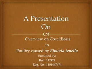 Overview on Coccidiosis
in
Poultry caused by Eimeria tenella
Sumitted By:
Roll: 117474
Reg. No : 1101467474
 