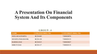 A Presentation On Financial
System And Its Components
GROUP- 4
NAME COLLEGE ROLL NO. UNIVERSITY ROLL NO.
NEELAM ACHARYA BC20-069 71R0020076
SOUMYA PARAMANIK BC20-120 71R0020153
BARSHA DAS BC20-015 71R0020027
SHRUTI DAS BC20-117 71R0020135
 