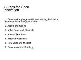 1. Common Language and Understanding, Motivation,
Mandate and Strategic Purpose
2. Assets and Needs
3. Value Pools and Channels
4. Internal Readiness
5. External Readiness
6. New Skills and Mindset
7. Communications Strategy
7 Steps for Open
Innovation
 