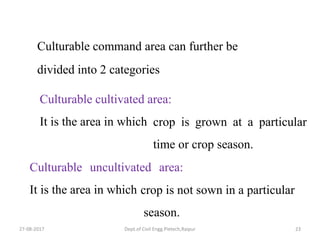 27-08-2017 Dept.of Civil Engg.Pietech,Raipur 23
Culturable command area can further be
divided into 2 categories
Culturable cultivated area:
It is the area in which crop is grown at a particular
time or crop season.
Culturable uncultivated area:
It is the area in which crop is not sown in a particular
season.
 