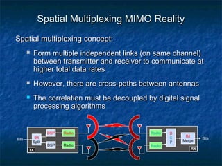 Spatial Multiplexing MIMO Reality
Spatial multiplexing concept:





Form multiple independent links (on same channel)
between transmitter and receiver to communicate at
higher total data rates
However, there are cross-paths between antennas
The correlation must be decoupled by digital signal
processing algorithms

DSP
Bits

Bit
Split
TX

DSP

Radio
Radio

Radio
Radio

D
S
P

Bit
Merge
RX

Bits

 