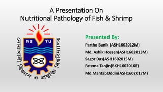 A Presentation On
Nutritional Pathology of Fish & Shrimp
Presented By:
Partho Banik (ASH1602012M)
Md. Ashik Hossen(ASH1602013M)
Sagor Das(ASH1602015M)
Fatema Tanjin(BKH1602016F)
Md.MahtabUddin(ASH1602017M)
 