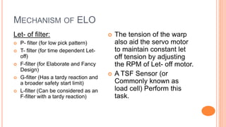 MECHANISM OF ELO
Let- of filter:
 P- filter (for low pick pattern)
 T- filter (for time dependent Let-
off)
 F-filter (for Elaborate and Fancy
Design)
 G-filter (Has a tardy reaction and
a broader safety start limit)
 L-filter (Can be considered as an
F-filter with a tardy reaction)
 The tension of the warp
also aid the servo motor
to maintain constant let
off tension by adjusting
the RPM of Let- off motor.
 A TSF Sensor (or
Commonly known as
load cell) Perform this
task.
 