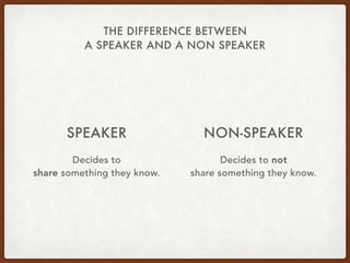 THE DIFFERENCE BETWEEN
A SPEAKER AND A NON SPEAKER
SPEAKER
Decides to  
share something they know.
NON-SPEAKER
Decides to not  
share something they know.
 