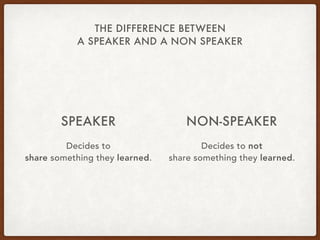 THE DIFFERENCE BETWEEN
A SPEAKER AND A NON SPEAKER
SPEAKER
Decides to  
share something they learned.
NON-SPEAKER
Decides to not  
share something they learned.
 