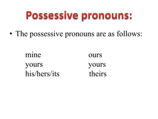 • The possessive pronouns are as follows:

    mine                ours
    yours               yours
    his/hers/its        theirs
 
