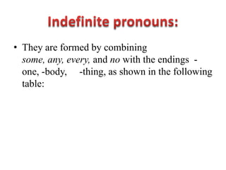 • They are formed by combining
  some, any, every, and no with the endings -
  one, -body, -thing, as shown in the following
  table:
 