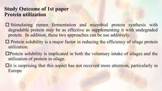 Study Outcome of 1st paper
Protein utilization
 Stimulating rumen fermentation and microbial protein synthesis with
degradable protein may be as effective as supplementing it with undegraded
protein. In addition, these two approaches can be use additively.
 Protein solubility is a major factor in reducing the efficiency of silage protein
utilization.
Protein solubility is implicated in both the voluntary intake of silages and the
utilization of protein in silage.
it is surprising that this aspect has not received more attention, particularly in
Europe
 