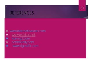 REFERENCES
31
 www.internetlivestats.com
 www.techjuice.pk
 learn.g2.com
 community.com
 www.dgtraffic.com
 