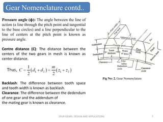 Pressure angle (ɸ): The angle between the line of
action (a line through the pitch point and tangential
to the base circles) and a line perpendicular to the
line of centers at the pitch point is known as
pressure angle.
Centre distance (C): The distance between the
centers of the two gears in mesh is known as
center distance.
Backlash: The difference between tooth space
and tooth width is known as backlash.
Clearance: The difference between the dedendum
of one gear and the addendum of
the mating gear is known as clearance.
SPUR GEARS: DESIGN AND APPLICATIONS 7
Gear Nomenclature contd..
Fig No: 2. Gear Nomenclature
 