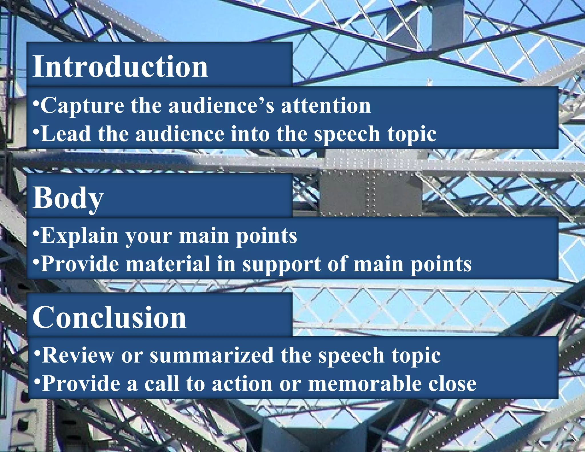 15 Capture the audience’s attention Lead the audience into the speech topic Explain your main points Provide material in support of main points Review or summarized the speech topic Provide a call to action or memorable close Introduction Body Conclusion 