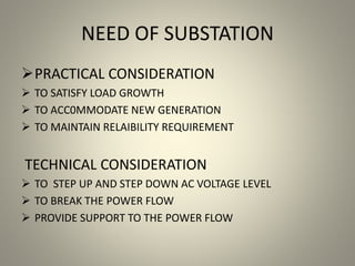 NEED OF SUBSTATION
PRACTICAL CONSIDERATION
 TO SATISFY LOAD GROWTH
 TO ACC0MMODATE NEW GENERATION
 TO MAINTAIN RELAIBILITY REQUIREMENT
TECHNICAL CONSIDERATION
 TO STEP UP AND STEP DOWN AC VOLTAGE LEVEL
 TO BREAK THE POWER FLOW
 PROVIDE SUPPORT TO THE POWER FLOW
 