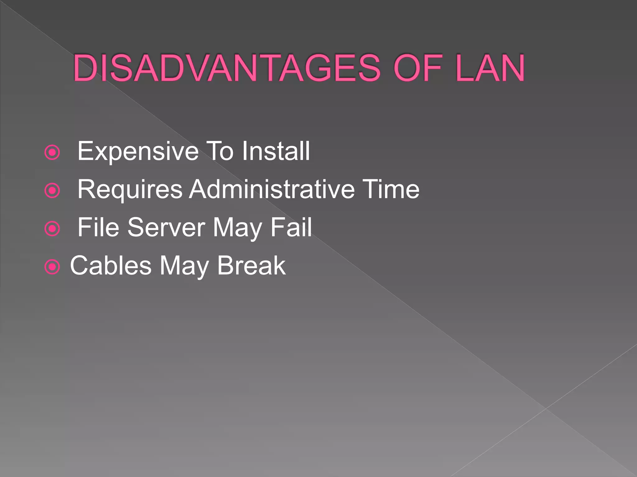  Expensive To Install
 Requires Administrative Time
 File Server May Fail
 Cables May Break
 