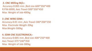 2. CNC Milling M/c:-
Accuracy-0.005 mm ,Bed size-600*350*400
R.P.M-8000, Axis Travel-500*350*450
Max. Weight of Job-400kg
3 .CNC WIRE EDM:-
Accuracy-0.01 mm ,Axis Travel-300*200*250
Max. Electrode Weigth-30kg
Max.Weight-500kg
4. EDM CNC ELECTRONICA:-
Accuracy-0.005 mm ,Bed size-400*250*400
Axis Trevel-375*240*350
Max. Weight of Job-300kg
 