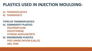 PLASTICS USED IN INJECTION MOULDING-
A) THERMOPLASTICS
B) THERMOSETS
TYPES OF THERMOPLASTICS-
A) COMMODITY PLASTICS
POLYPROPYLENE
POLYSTYERENE
STYRENE ACRYLONITRITE
A) ENGINEERING PLASTICS
POLY AMIDE (NYLON 6,66,12)
ABS, POM
 