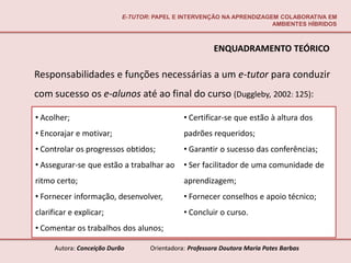 E-TUTOR: PAPEL E INTERVENÇÃO NA APRENDIZAGEM COLABORATIVA EM
                                                                       AMBIENTES HÍBRIDOS



                                                         ENQUADRAMENTO TEÓRICO

Responsabilidades e funções necessárias a um e-tutor para conduzir
com sucesso os e-alunos até ao final do curso (Duggleby, 2002: 125):

• Acolher;                                     • Certificar-se que estão à altura dos
• Encorajar e motivar;                         padrões requeridos;
• Controlar os progressos obtidos;             • Garantir o sucesso das conferências;
• Assegurar-se que estão a trabalhar ao        • Ser facilitador de uma comunidade de
ritmo certo;                                   aprendizagem;
• Fornecer informação, desenvolver,            • Fornecer conselhos e apoio técnico;
clarificar e explicar;                         • Concluir o curso.
• Comentar os trabalhos dos alunos;

      Autora: Conceição Durão       Orientadora: Professora Doutora Maria Potes Barbas
 
