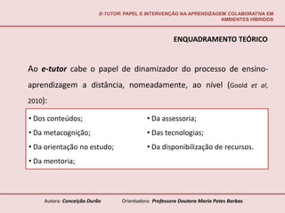 E-TUTOR: PAPEL E INTERVENÇÃO NA APRENDIZAGEM COLABORATIVA EM
                                                                      AMBIENTES HÍBRIDOS



                                                        ENQUADRAMENTO TEÓRICO


Ao e-tutor cabe o papel de dinamizador do processo de ensino-
aprendizagem a distância, nomeadamente, ao nível (Goold et al,
2010):

• Dos conteúdos;                             • Da assessoria;
• Da metacognição;                           • Das tecnologias;
• Da orientação no estudo;                   • Da disponibilização de recursos.
• Da mentoria;



     Autora: Conceição Durão       Orientadora: Professora Doutora Maria Potes Barbas
 