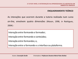 E-TUTOR: PAPEL E INTERVENÇÃO NA APRENDIZAGEM COLABORATIVA EM
                                                                      AMBIENTES HÍBRIDOS



                                                        ENQUADRAMENTO TEÓRICO

As interações que ocorrem durante a tutoria realizada num curso
on-line, envolvem quatro dimensões (Mason, 1998, in Rodrigues,
2004) :


Interação entre formando e formador;
Interação entre formando e conteúdos;
Interação entre formandos; e,
Interação entre o formando e a interface ou plataforma.



     Autora: Conceição Durão       Orientadora: Professora Doutora Maria Potes Barbas
 
