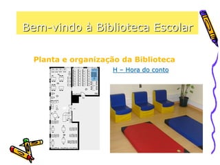 Bem-vindo à Biblioteca Escolar
Planta e organização da Biblioteca
H – Hora do conto
Actividades como a Hora do
Conto ou a “Árvore das
Histórias” necessitam de um
espaço próprio…
Aqui podem ser ouvidas e
trabalhadas histórias, como
forma de promover a leitura.
 
