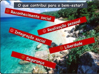 O que contribui para o bem-estar? Reconhecimento social Realização pessoal   Integração social   Liberdade  Segurança   