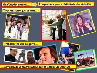 Realização pessoal ... É importante para a felicidade dos cidadãos Trabalhar no que se gosta... ... corresponde à concretização dos objectivos de cada um. Tirar um curso que se quer... 