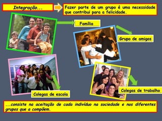 Integração... Fazer parte de um grupo é uma necessidade que contribui para a felicidade. ... consiste na aceitação de cada indivíduo na sociedade e nos diferentes grupos que a compõem. Família  Grupo de amigos  Colegas de escola Colegas de trabalho 