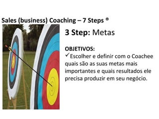 3 Step: Metas
OBJETIVOS:
Escolher e definir com o Coachee quais são
as suas metas mais importantes e quais
resultados ele precisa produzir em seu negócio.
Business Coaching – 7 Steps ®
 