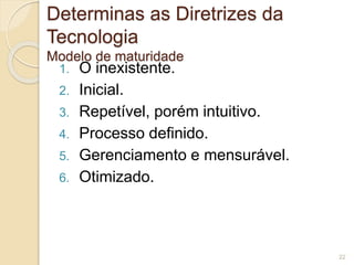 Determinas as Diretrizes da 
Tecnologia 
Modelo de maturidade 
1. O inexistente. 
2. Inicial. 
3. Repetível, porém intuitivo. 
4. Processo definido. 
5. Gerenciamento e mensurável. 
6. Otimizado. 
22 
 