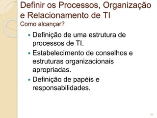 Definir os Processos, Organização 
e Relacionamento de TI 
Como alcançar? 
 Definição de uma estrutura de 
processos de TI. 
 Estabelecimento de conselhos e 
estruturas organizacionais 
apropriadas. 
 Definição de papéis e 
responsabilidades. 
25 
 