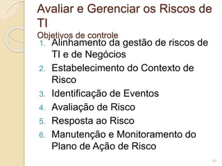 Avaliar e Gerenciar os Riscos de 
TI 
Objetivos de controle 
1. Alinhamento da gestão de riscos de 
TI e de Negócios 
2. Estabelecimento do Contexto de 
Risco 
3. Identificação de Eventos 
4. Avaliação de Risco 
5. Resposta ao Risco 
6. Manutenção e Monitoramento do 
Plano de Ação de Risco 
57 
 