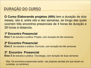 O Curso Elaborando projetos (40h)  tem a duração de dois meses, isto é, entre oito e dez semanas, ao longo das quais ocorrem três encontros presenciais de 4 horas de duração e 28 horas à distancia. 1º Encontro Presencial Eixo 1  de estudos e prática: Projeto, com duração de três semanas 2º Encontro Presencial:  Eixo 2  de estudos e prática: Currículo, com duração de três semanas 3º  Encontro  Presencial Eixo 3  de estudos e prática: Tecnologia, com duração de duas semanas Obs: Os encontros presenciais serão  nas próprias escolas em que atuam os cursistas. (a combinar) 