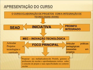 INICIATIVA                             PROINFO
  SEAD                                                          INTEGRADO


              MEC – INOVAÇÃO TECNOLÓGICA
Articular                                                         Articular   práticas
Projetos      e          FOCO PRINCIPAL                           pedagógicas
tecnologias e                                                     baseadas         em
  currículo                                                       projetos

             Propiciar aos multiplicadores/do Proinfo, gestores e
             professores de escolas o aprofundamento teórico sobre
             o conceito de projeto e suas especificidades no contexto
             escolar
 