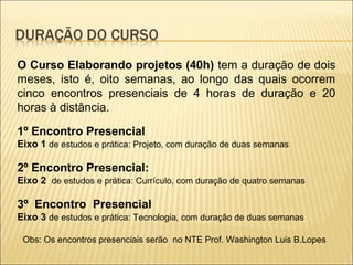 O Curso Elaborando projetos (40h) tem a duração de dois
meses, isto é, oito semanas, ao longo das quais ocorrem
cinco encontros presenciais de 4 horas de duração e 20
horas à distância.

1º Encontro Presencial
Eixo 1 de estudos e prática: Projeto, com duração de duas semanas

2º Encontro Presencial:
Eixo 2 de estudos e prática: Currículo, com duração de quatro semanas

3º Encontro Presencial
Eixo 3 de estudos e prática: Tecnologia, com duração de duas semanas

 Obs: Os encontros presenciais serão no NTE Prof. Washington Luis B.Lopes
 