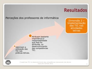 Resultados
11
Valorizam a
utilização das
TIC nas
práticas letivas.
Atribuem bastante
importância à
responsabilidade
que lhes foi
atribuída, no
desenvolvimento
das competências
TIC.
Dimensão 2 –
Implementação
das TIC nas
atividades
letivas
Perceções dos professores de informática
O papel das TIC no desenvolvimento das competências transversais dos alunos
Joana DC Cancela 2012
 