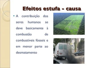 Efeitos estufa - causa A contribuição dos seres humanos se deve basicamente à combustão de combustíveis fósseis e em menor parte ao desmatamento 