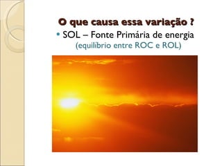O que causa essa variação ? SOL – Fonte Primária de energia  (equilíbrio entre ROC e ROL) 