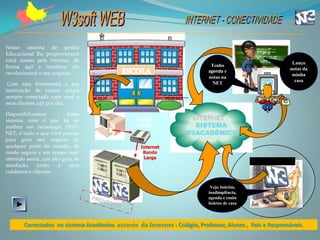 Nosso sistema de gestão
Educacional lhe proporcionará
total acesso pela Internet, de                                                                            Lanço
forma ágil e intuitiva, ele                                                Tenho
                                                                          agenda e                       notas da
revolucionará o seu negócio.                                                                              minha
                                                                          notas na
                                                                                                           casa
 Com esta ferramenta a sua                                                  NET
instituição de ensino estará
sempre conectada com você e
seus clientes 24h por dia.

Disponibilizamos         nosso
sistema com o que há de                         Modem
melhor em tecnologia DOT-                        ADSL               SISTEMA
NET, é tudo o que você precisa                                    W3ACADÊMICO
para gerir seu negócio de
qualquer parte do mundo, de                       Internet
modo seguro e em tempo real,                       Banda
obtendo assim, um alto grau de                     Larga
satisfação    junto   a   seus
colabores e clientes.

                                                                           Vejo boletim,
                                                                          inadimplência,
                                                                          agenda e emito
                                                                          boletos de casa




       Conectados no sistema Acadêmico através da Internet : Colégio, Professor, Alunos , Pais e Responsáveis.
 