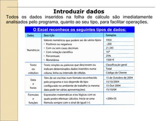 Introduzir dados   Todos os dados inseridos na folha de cálculo são imediatamente analisados pelo programa, quanto ao seu tipo, para facilitar operações. O Excel reconhece os seguintes tipos de dados: 